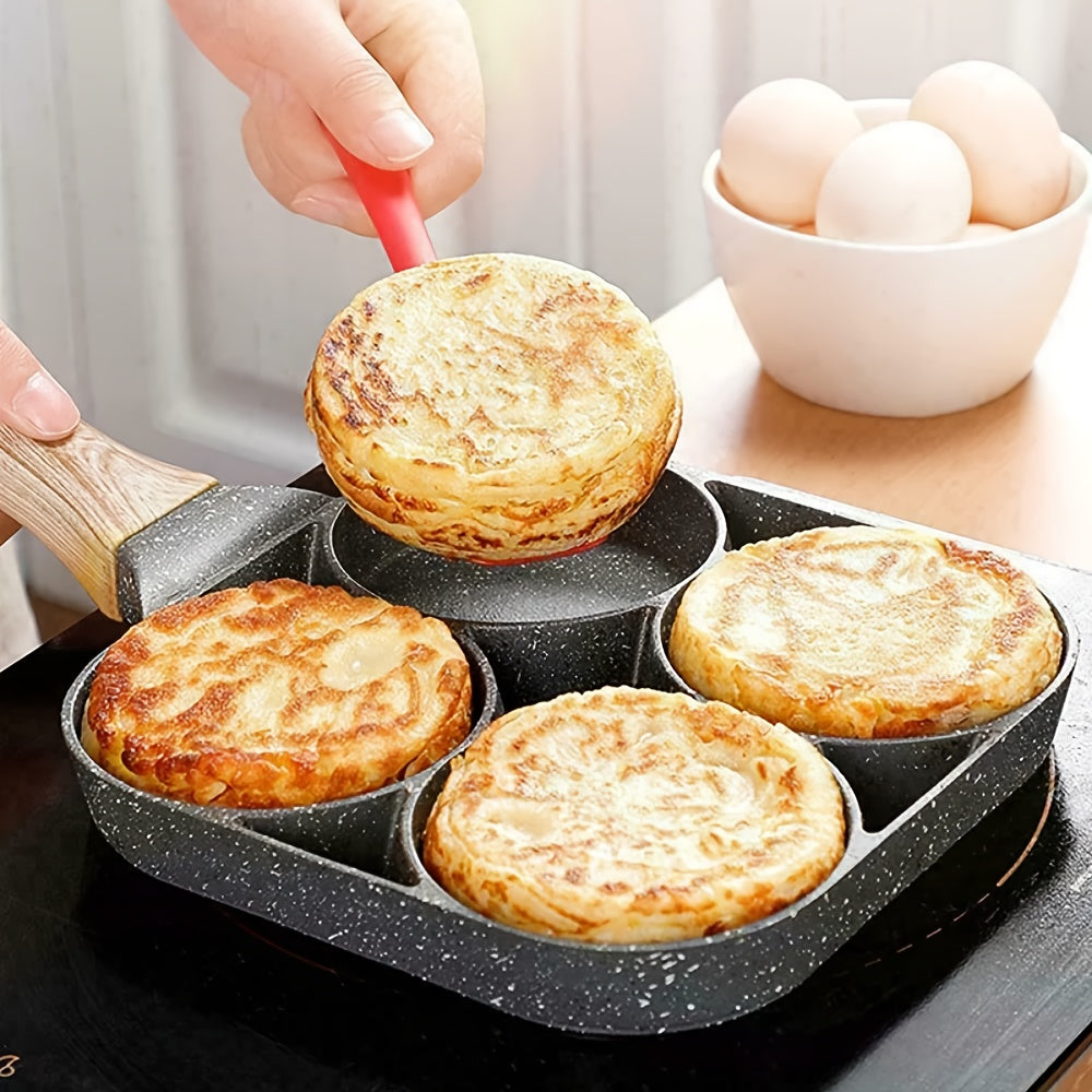 Non-stick frying pan with wooden handle, ideal for making eggs and burgers on induction cookers and gas stoves. Great for a variety of dishes!