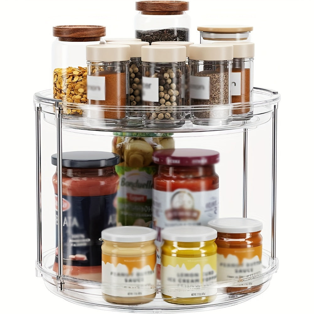 Lazy Susan Turntable Organizer with 2 Tiers - 23.5cm Rotating Spice Rack for Kitchen Cabinet, Pantry, and Countertop. Features Clear Plastic and Stainless Steel Open-Storage for Spices and Condiments. Can also be used as a Makeup Organizer for Bathroom