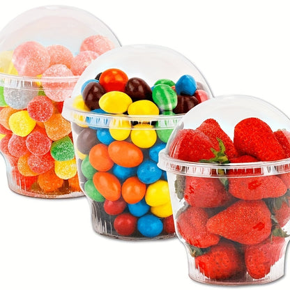 30 clear plastic dessert cups with dome lids for ice cream, pudding, cupcakes, and snacks. Disposable, recyclable, perfect for parties, weddings, picnics, and dessert displays.