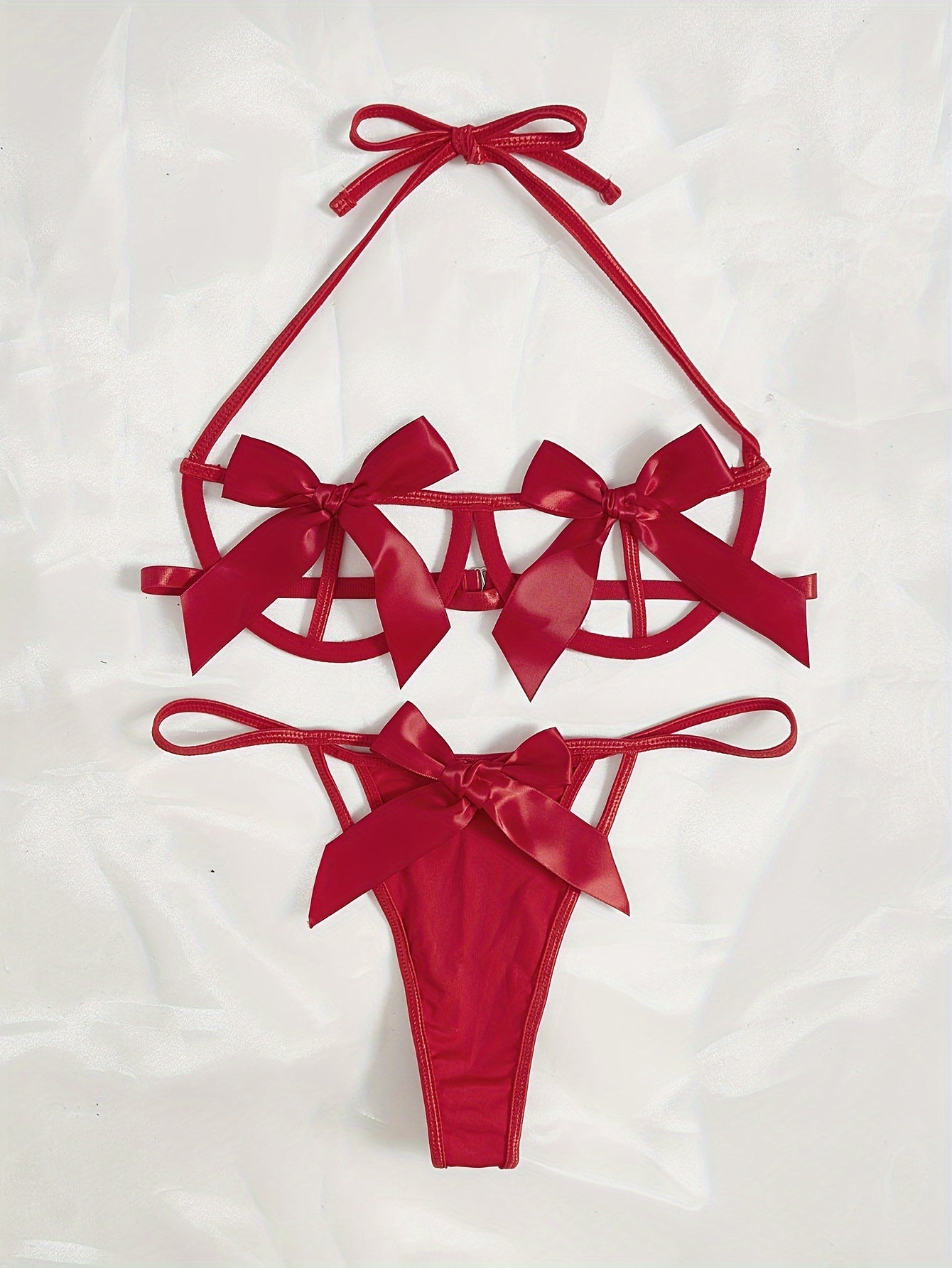 Seductive Bow Lingerie Set: Halter Bra, Cut Out Thong