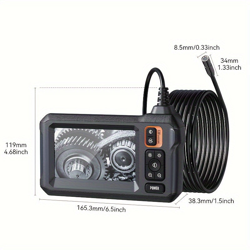 INSKAM Industrial Endoscope: 8mm digital borescope with 4.3" IPS display, 8 LED lights, and semi-rigid cable for auto repair, plumbing, and home inspection.