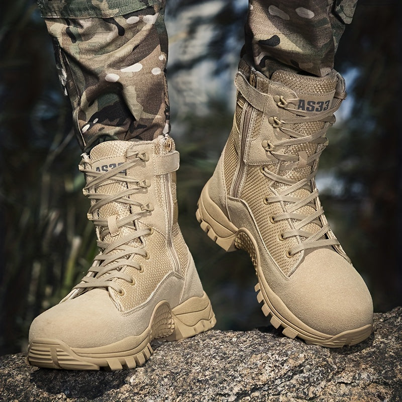 High top tactical work boots with side zipper, non-slip and durable for outdoor hiking activities.