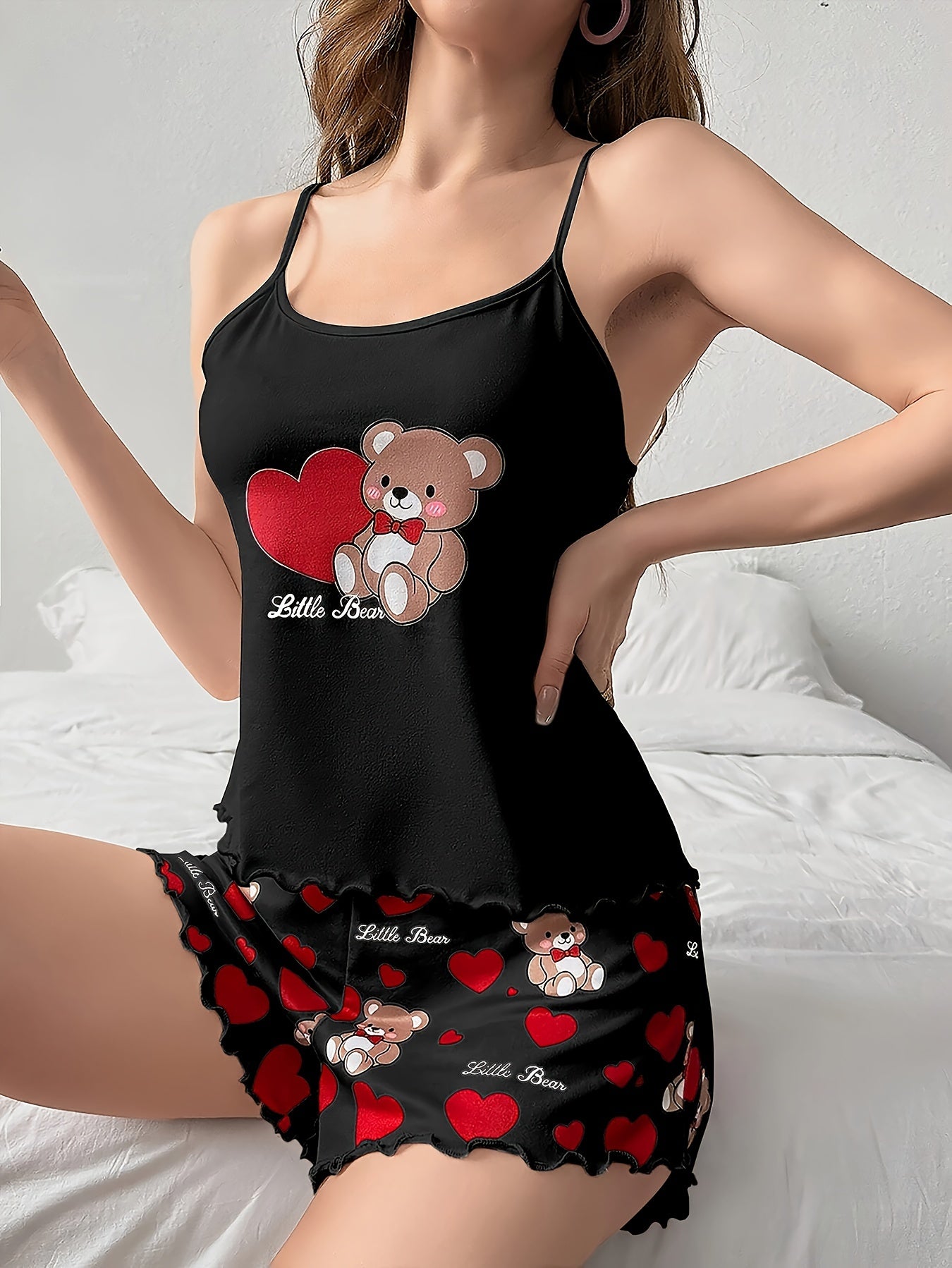 Bear heart printed frill trim pajama set with round neck backless cami top and elastic shorts for women's sleepwear.