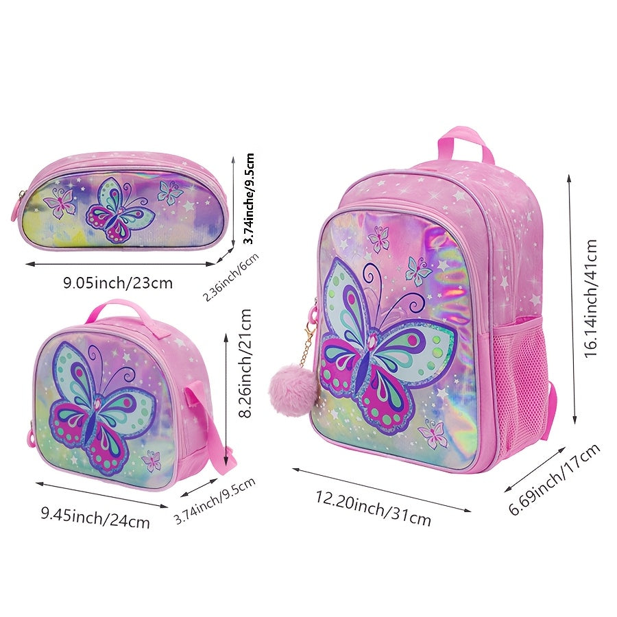 3-piece school bag set for girls: includes backpack, lunch tote, and pencil case. Large capacity and fashionable design for elementary to middle school students. Made of red polyester, lightweight.