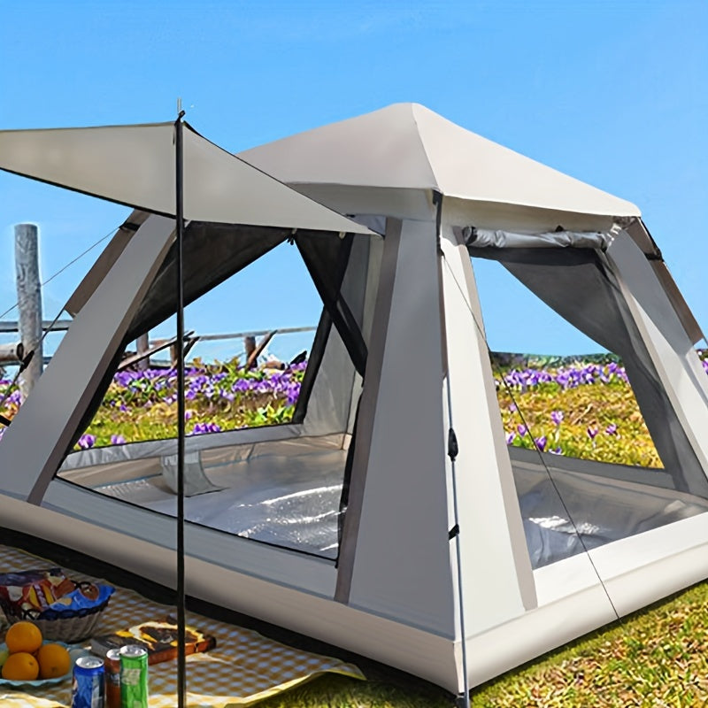 Portable and foldable 6-person family camping tent with automatic setup, ventilated sunshade, and all-season polyester fabric.