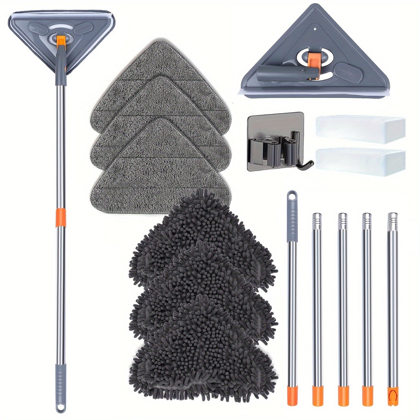 This wall cleaning mop features a long handle and includes 6 refill pads. The extendable mop can reach lengths between 63.5 and 215.9 cm and has a triangular shape for easy access to walls, ceilings, windows, and floors. It comes with a mop holder and