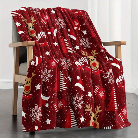 Warm and Cozy Christmas Throw Blanket featuring Santa, Tree, Elk, and Snowflake Designs for Couch & Bed - Reversible and Soft Material, Machine Washable for All-Season Comfort - Ideal for Christmas Season