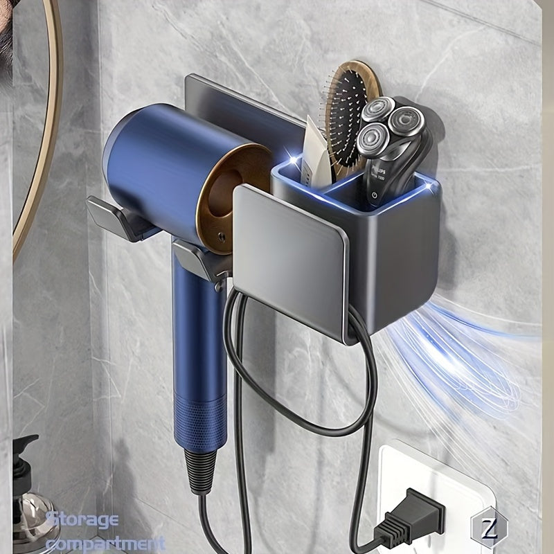 Durable Plastic Wall-Mounted Hair Dryer Holder with Storage - Space-Saving Design, No Electricity Required, Ideal Bathroom Accessory