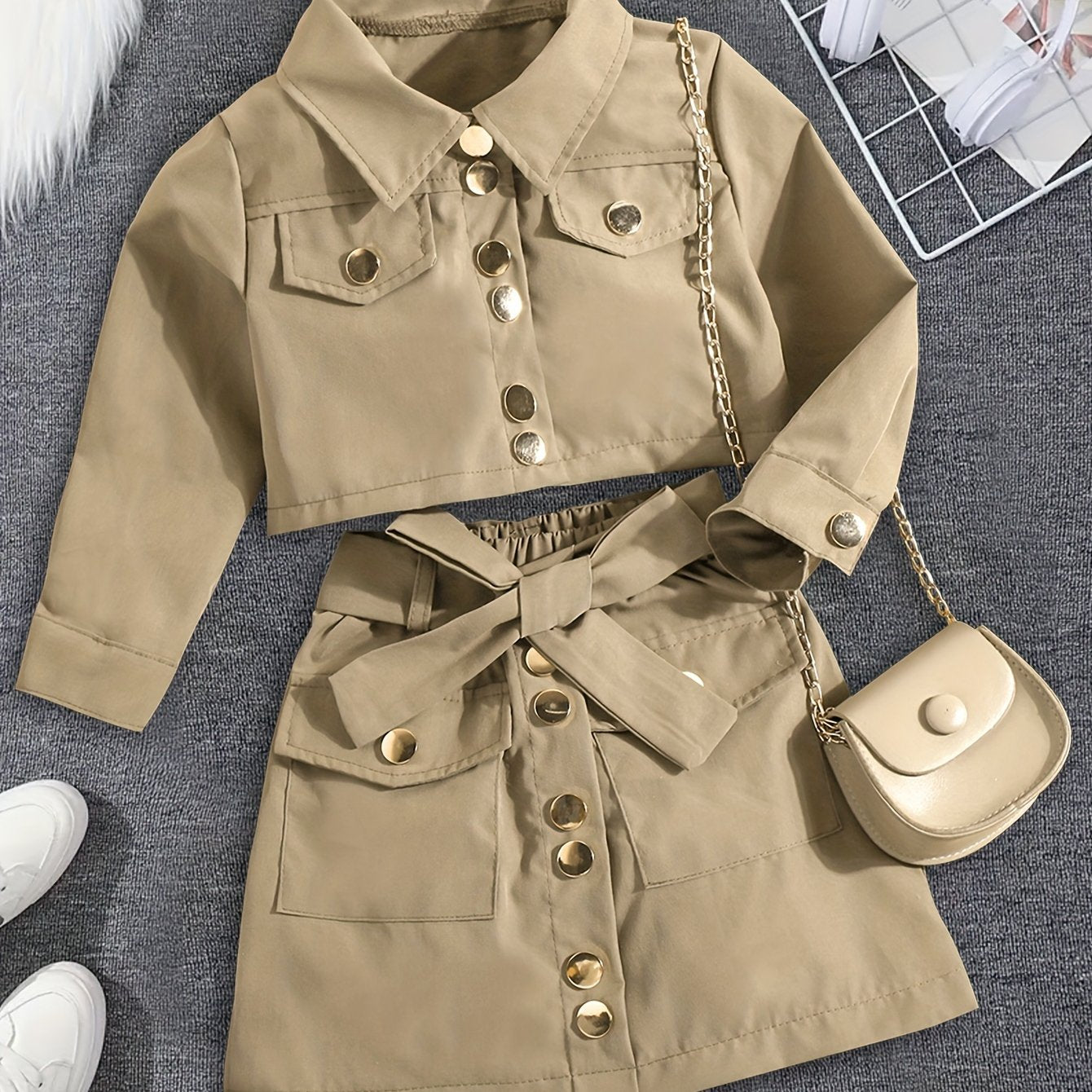 Stylish girls' top and skirt set with button detail, belt, and solid color, ideal for spring/fall