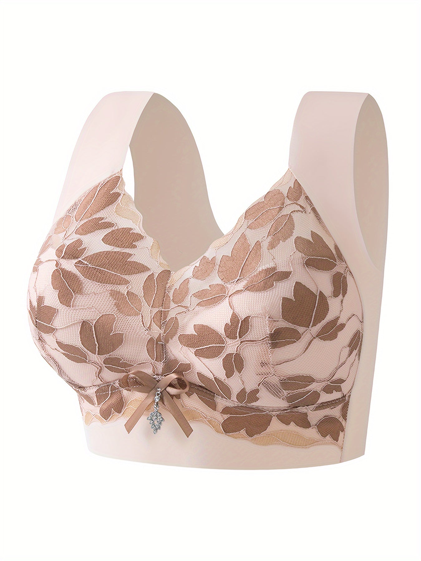 Wireless full coverage bra with wide straps, lace bow details, for comfortable support and lingerie style.