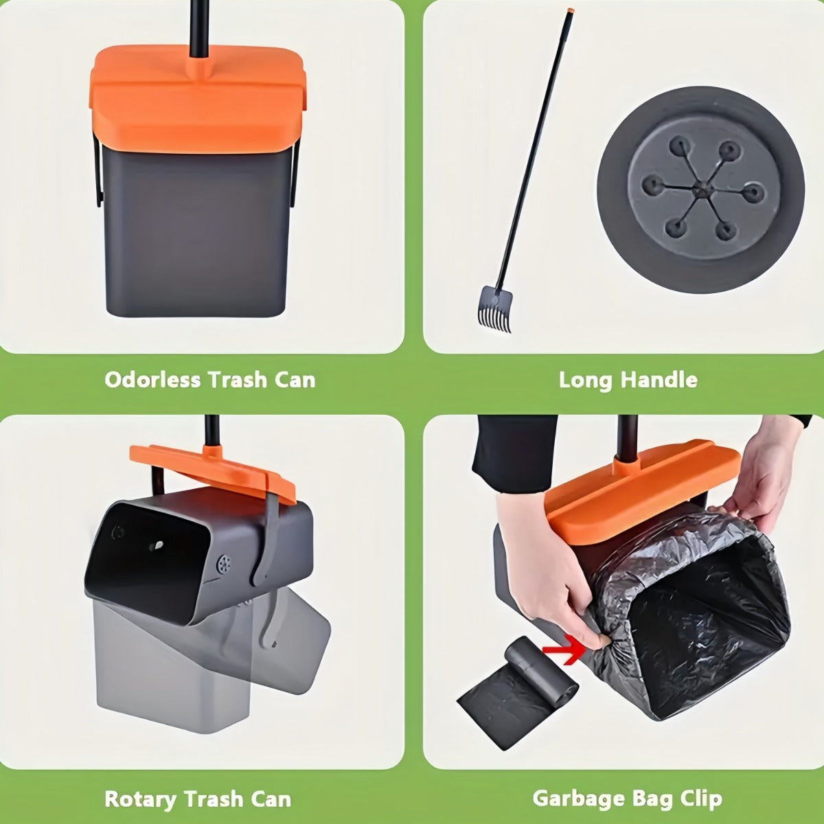 The 5spc Pet Poop Scoop Set comes with a rake and rotating trash can, perfect for small and medium dogs. This heavy-duty scoop easily cleans grass, dirt, and gravel in your outdoor yard. Optional aromatherapy trash bags and dispenser are also available