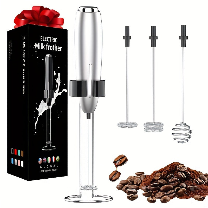 Battery operated handheld milk frother for creating creamy foam in drinks, perfect for coffee and cappuccinos.