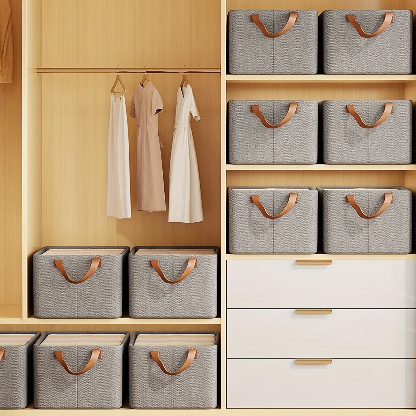 Keep your home organized with this set of four storage boxes, perfect for storing clothes, quilts, underwear, and bedding sets. These boxes can be easily folded when not in use and feature a stylish gray fabric design. An essential item for closet