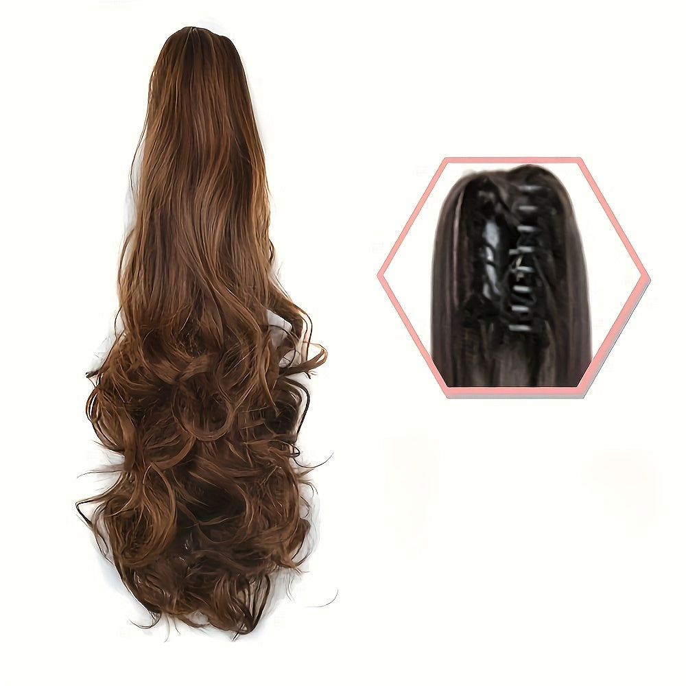 Stylish synthetic ponytail extension with long, curly waves and chic claw clip for women.