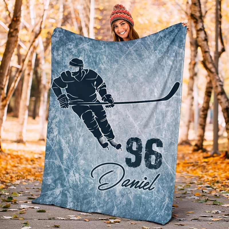 Personalize your own ice hockey player flannel blanket with custom name, lightweight and versatile for all-season use. Perfect for sofa, bed, travel, camping, living room, or office. Made of soft and warm polyester fabric with digital print design. Easy