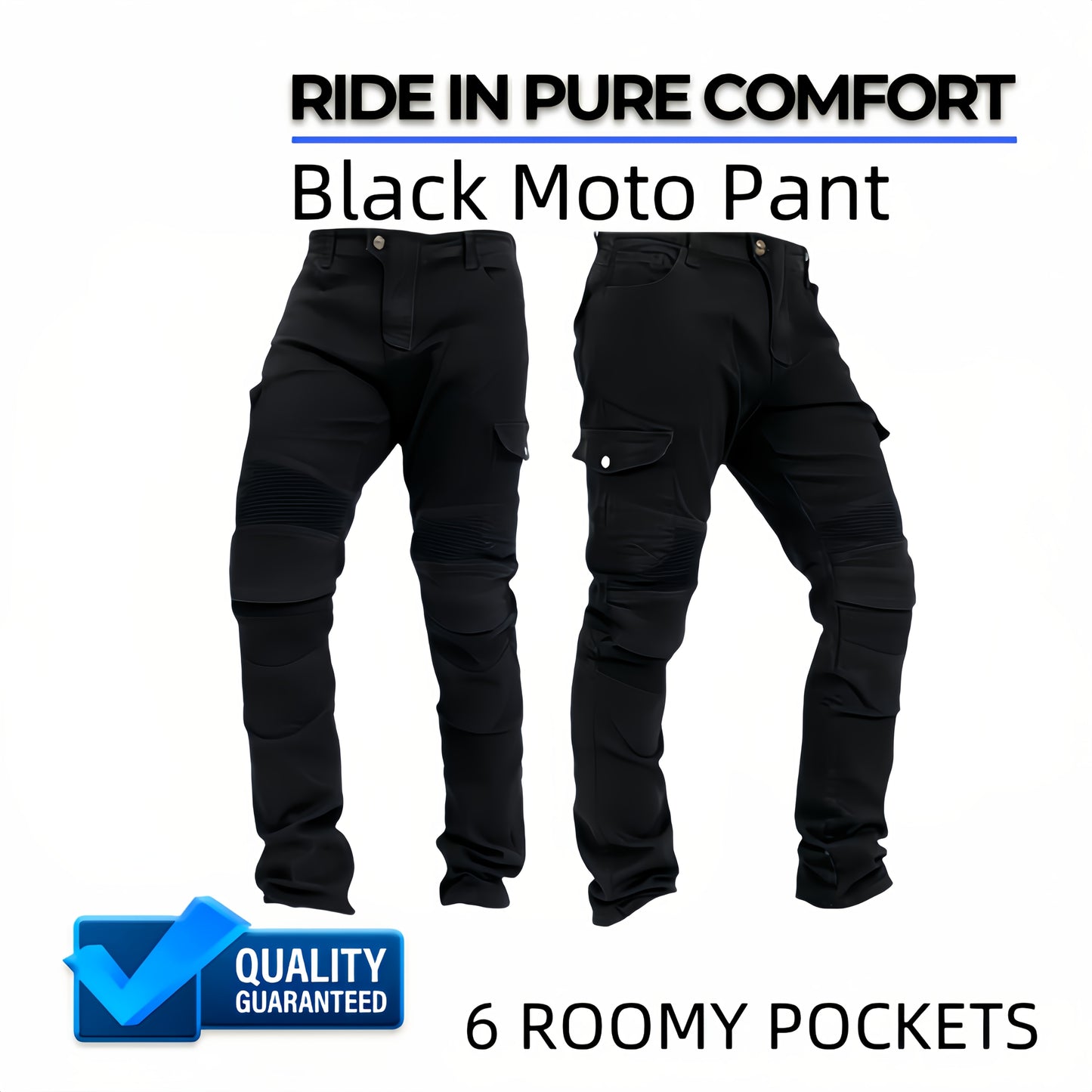 Men's motorcycle pants made of durable, breathable cotton blend with removable padding and multi-pocket design in blue, green, black. Perfect for riding and outdoor adventures.