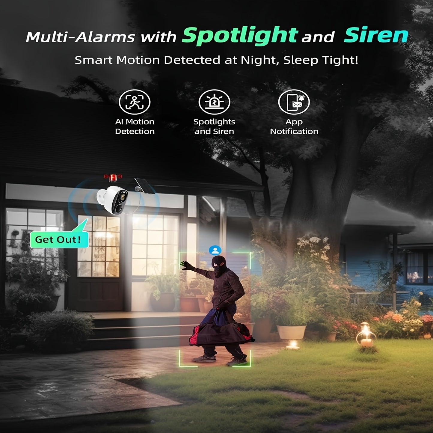 2K battery-powered WiFi security camera with PIR motion detection, two-way audio, night vision, and cloud/SD storage.