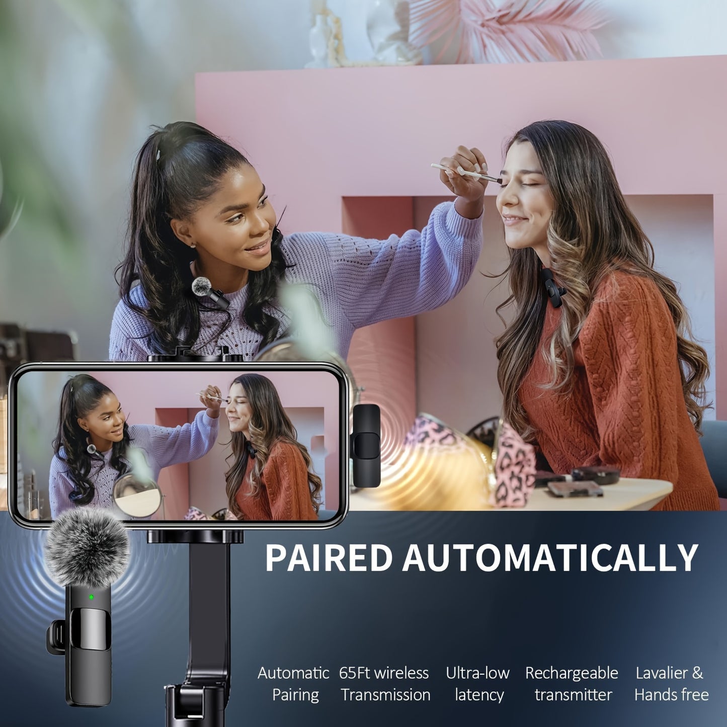 Clip-on lavalier microphone with USB-C, one-touch recording, and rechargeable battery for streaming and video conferencing.