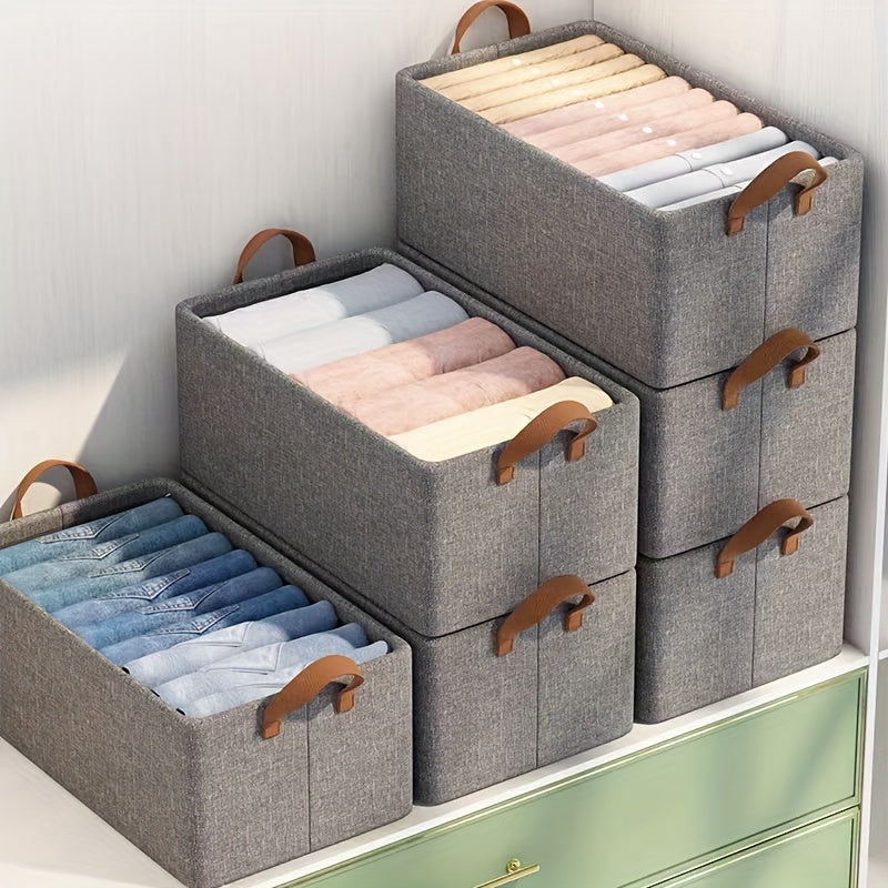 Fabric storage box that folds easily, featuring a sturdy steel frame and a polyester blend drawer organizer for storing clothes and pants in your home wardrobe.