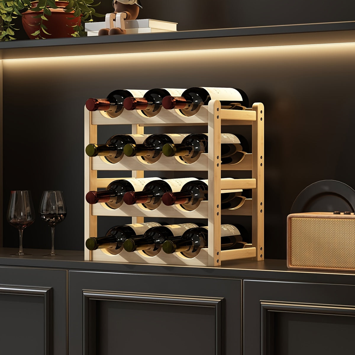 Tiered wine bottle holder with separate tiers, one can be placed (assembly required for 2/3/4 tier wine rack)