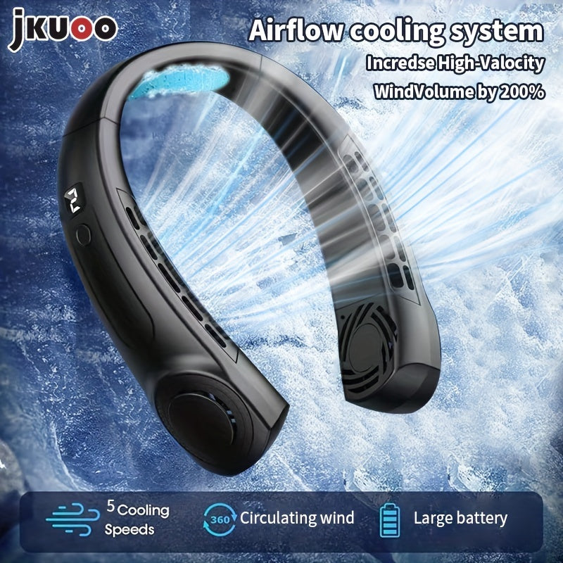 Stay cool on-the-go with the JKUOO Portable Neck Fan! This mini fan features a noise reduction system and is USB rechargeable for convenient use. The hands-free design allows for personal cooling with button control. Made of durable plastic material