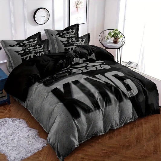 King size duvet cover set in gray and black with a stylish pattern, includes 1 duvet cover and 2 pillowcases. Soft and comfortable bedding set for bedroom, guest room, or dorm decoration. Core not included.