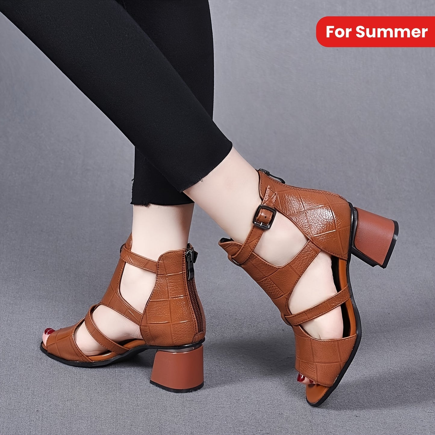 Elegant women's brown cover sandals with thick heel and breathable design, featuring ankle strap and peep toe Roman style.