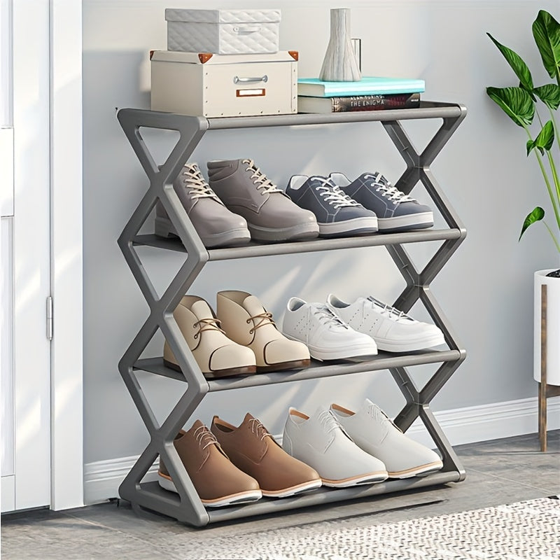 Modern X-Shaped Shoe Rack with Dustproof Shelf, Multifunctional Plastic Storage Organizer, Floor-Standing Design, No Assembly Necessary, Space-Saving for Living Room.