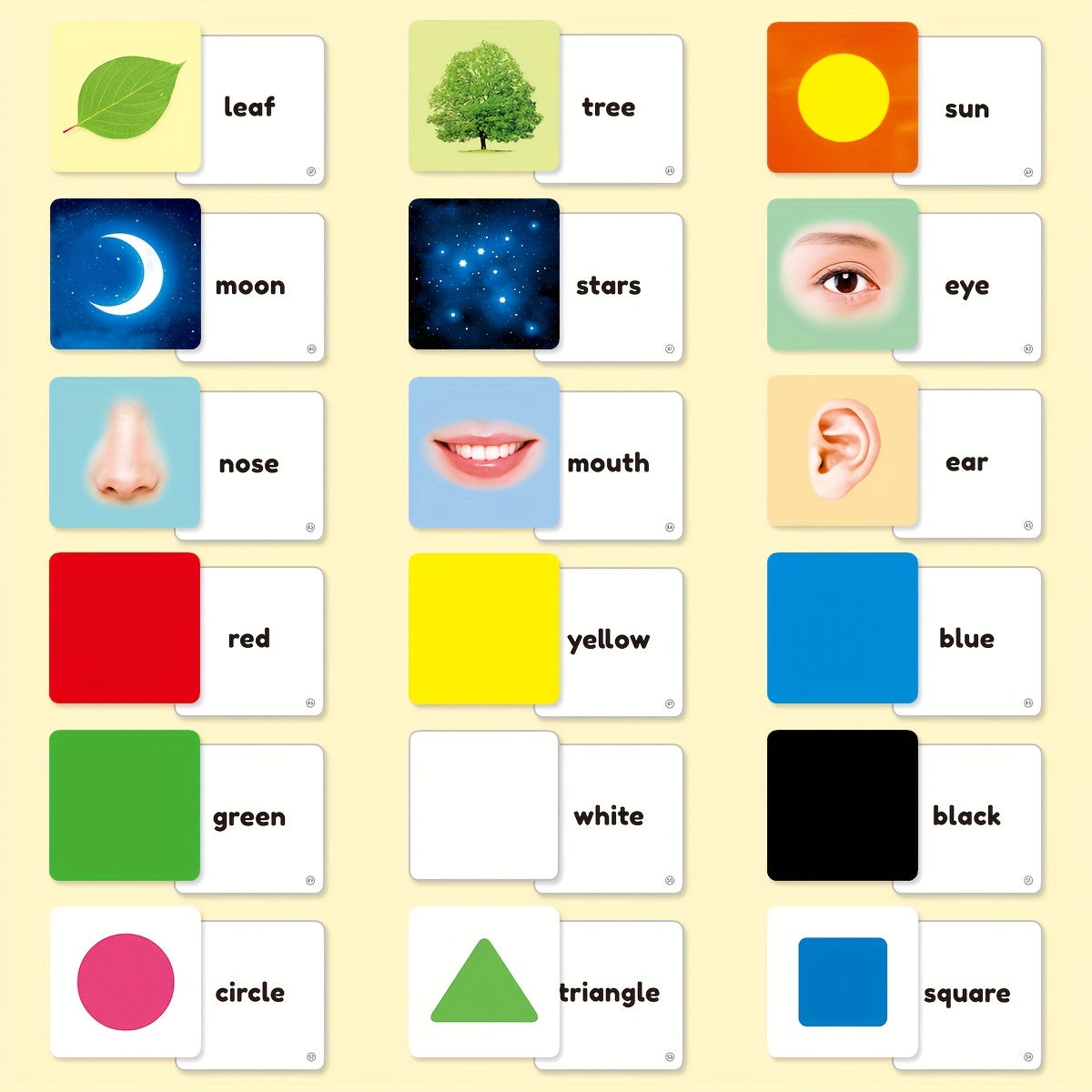 1 box of 54 English children's object word learning cards featuring 54 different object image cards with corresponding word learning cards, designed with rounded edges for safety.