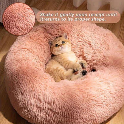 Extra Large Round Dog Bed with Non-Slip Bottom - Soft Faux Plush Polyester Fiber Filled Cuddly Pillow for Dogs of all sizes - Comfortable and Warm.