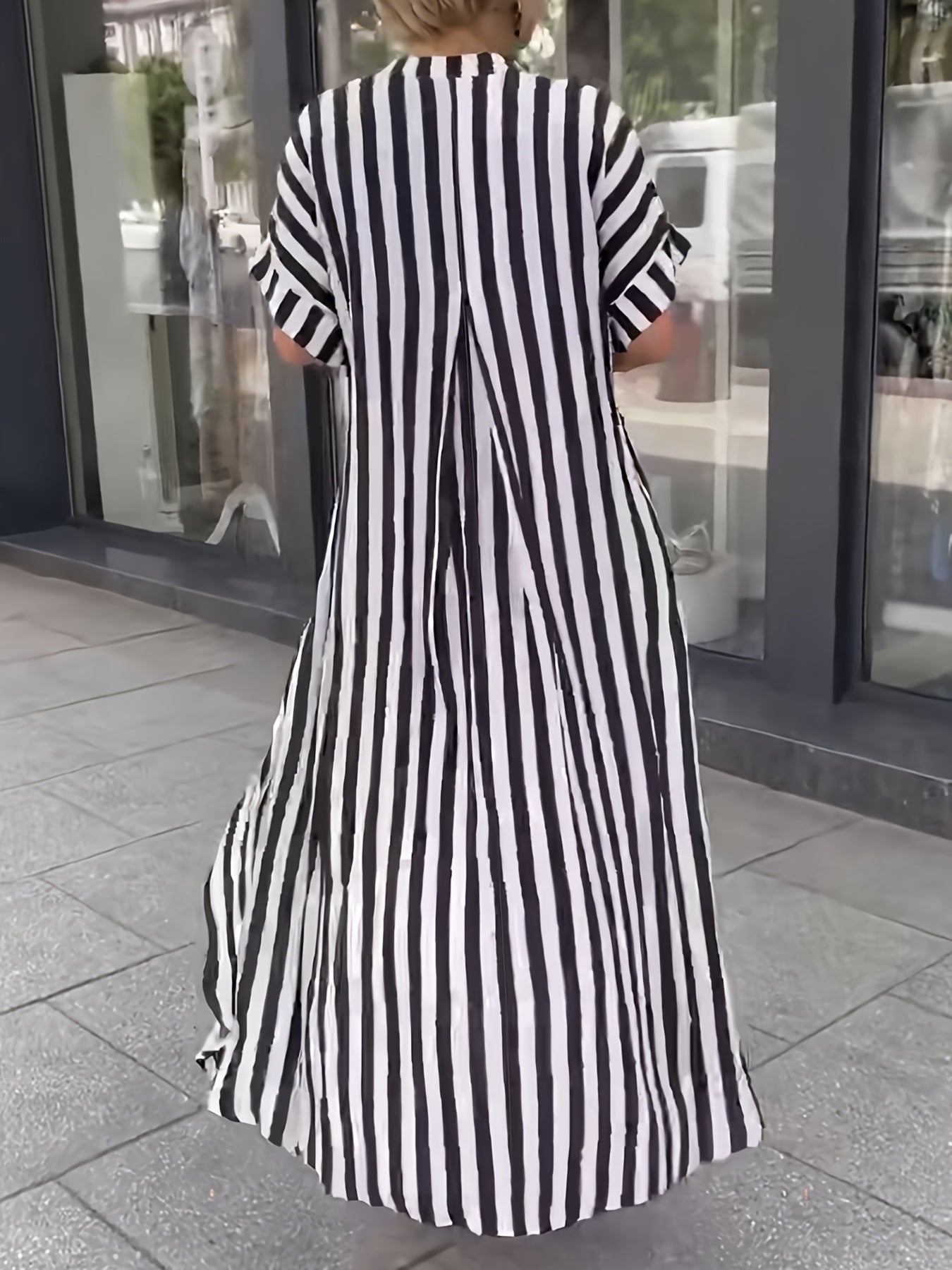 Plus Size Striped Split Longline Dress with Short Sleeves and Notched Neck for Spring & Summer, Women's Plus Size Clothing