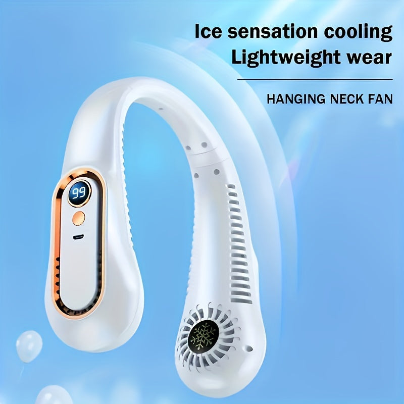 One piece of a portable neck fan that is USB rechargeable and features a digital display. This personal mini fan measures 18.2cm x 7.24cm and is adjustable for a comfortable fit. Experience super ice cooling with this safe and comfortable fan, perfect