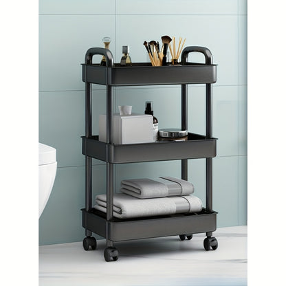 Multi-tier rolling utility cart with wheels, ideal for various spaces like kitchen, bathroom, bedroom, office.