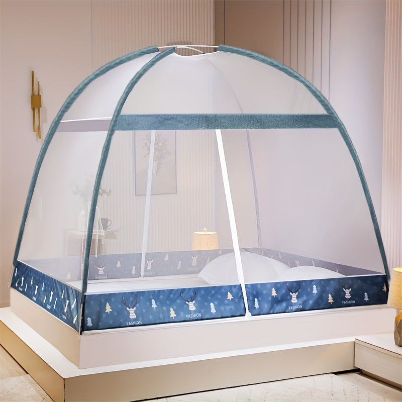 This product is a 1-piece Pop-Up Mongolian Yurt Mosquito Net designed for bedrooms. It can be set up in just 1 second and provides 360° protection. The net offers a large space and features a fun cartoon design. It serves as an anti-mosquito tent bed