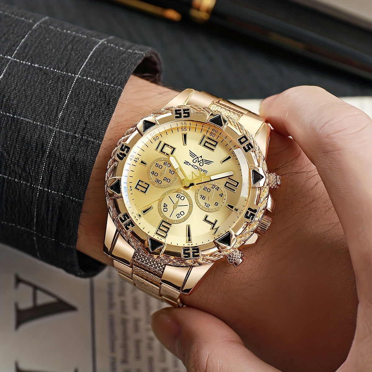 Stylish Gold-Detailed Quartz Watch for the Confident Gentleman with a Business Edge