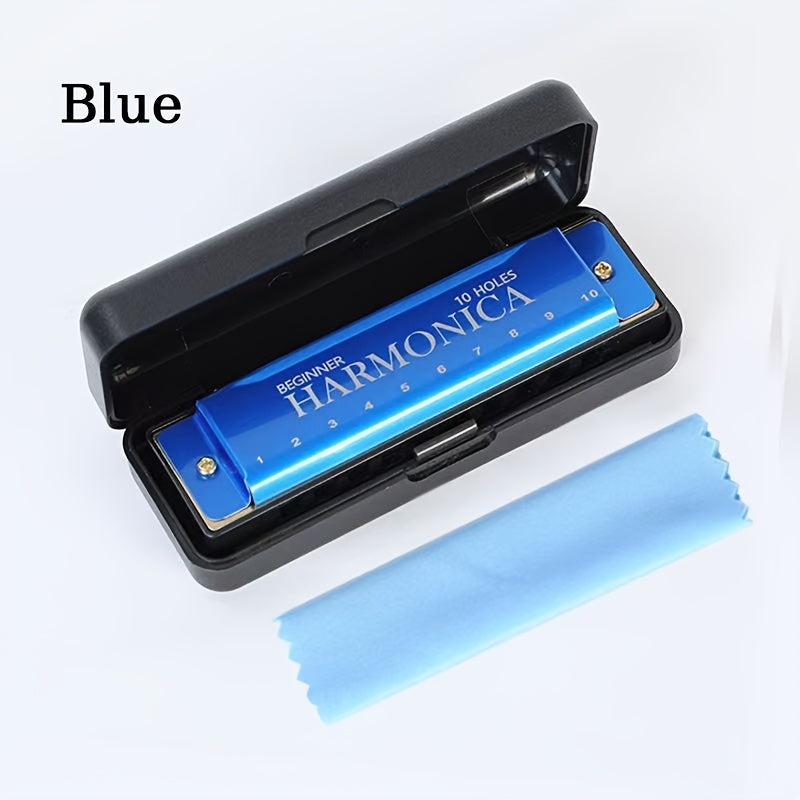 10-Hole C Key Professional Blues Harmonica with case, cloth, manual - perfect Eid gift for beginners, students, adults, and professionals.