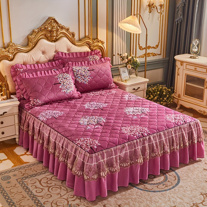 Experience a cozy sleep with our luxurious Crystal Velvet Bed Skirt Set. This 3-piece set includes pillowcases with a beautiful floral design. Machine washable for easy care, it provides a comfort fit with non-slip technology and full coverage.