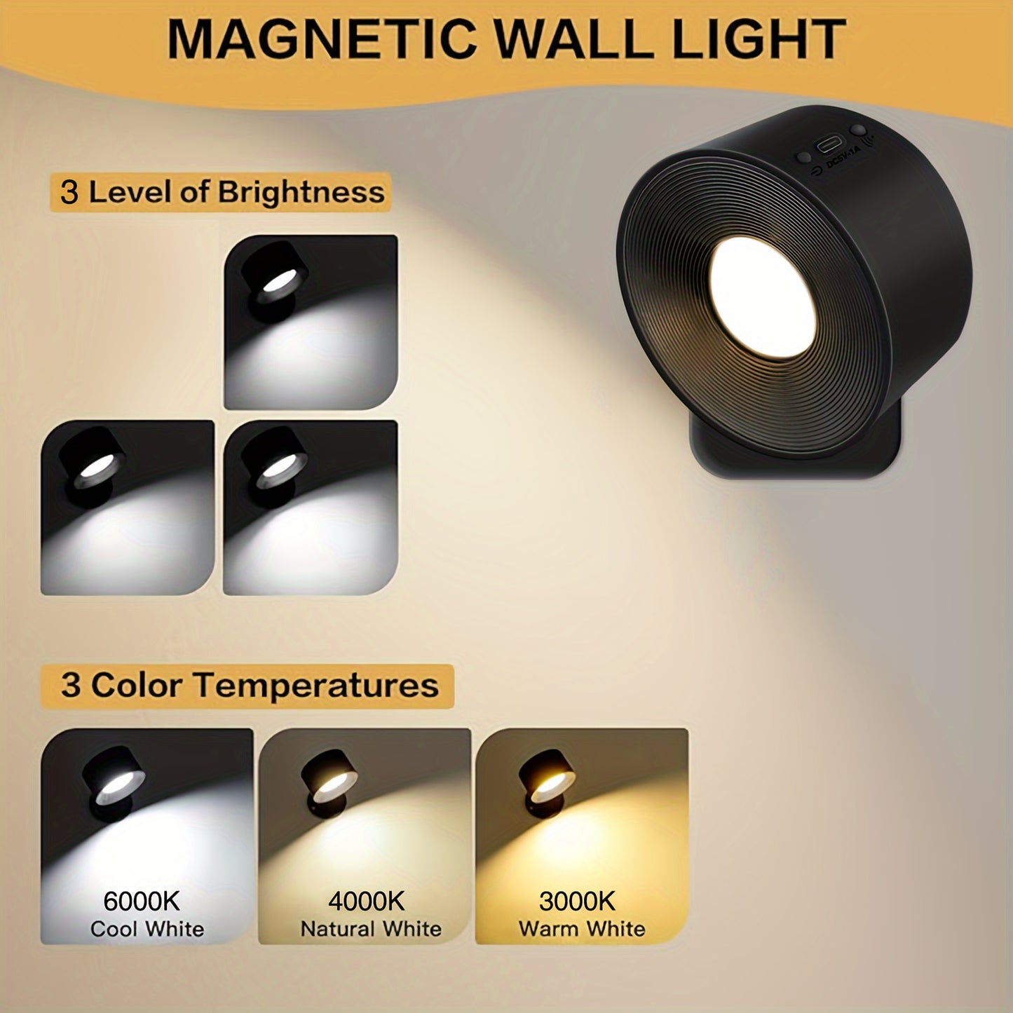 1 or 2 LED Wall Lights with rechargeable battery, adjustable brightness levels and color temperatures, touchpad control, USB charging, 360° rotatable magnetic ball, non-waterproof. Ideal