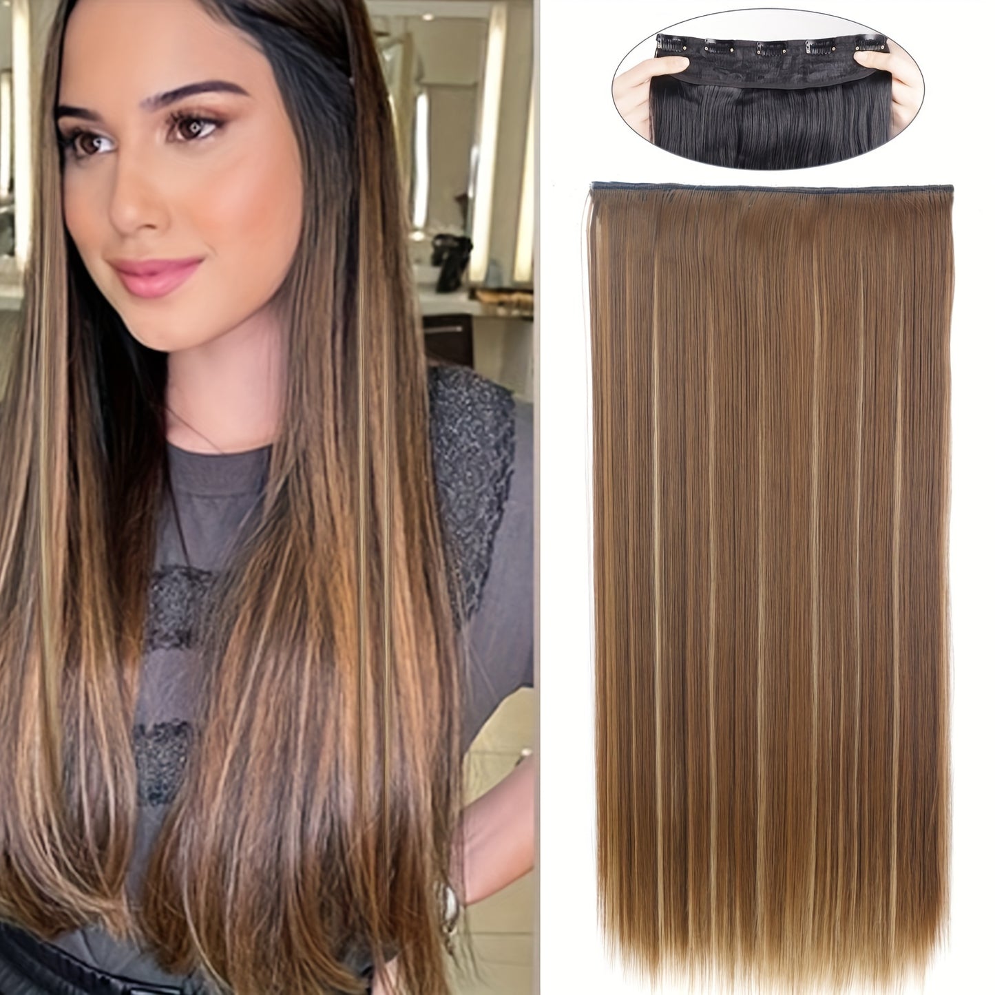 Elegant natural looking synthetic clip-in hair extensions for daily use, 32 inch long straight pieces with 5 clips.