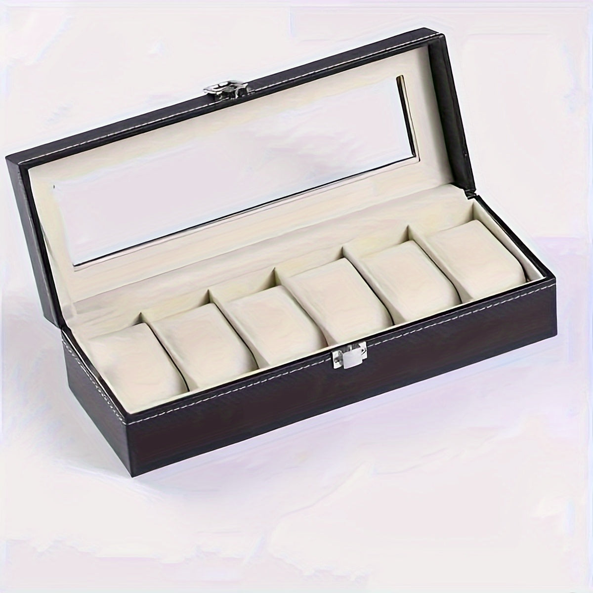 New faux leather watch storage box with velvet interior, designed to hold 6 watches and display jewelry.