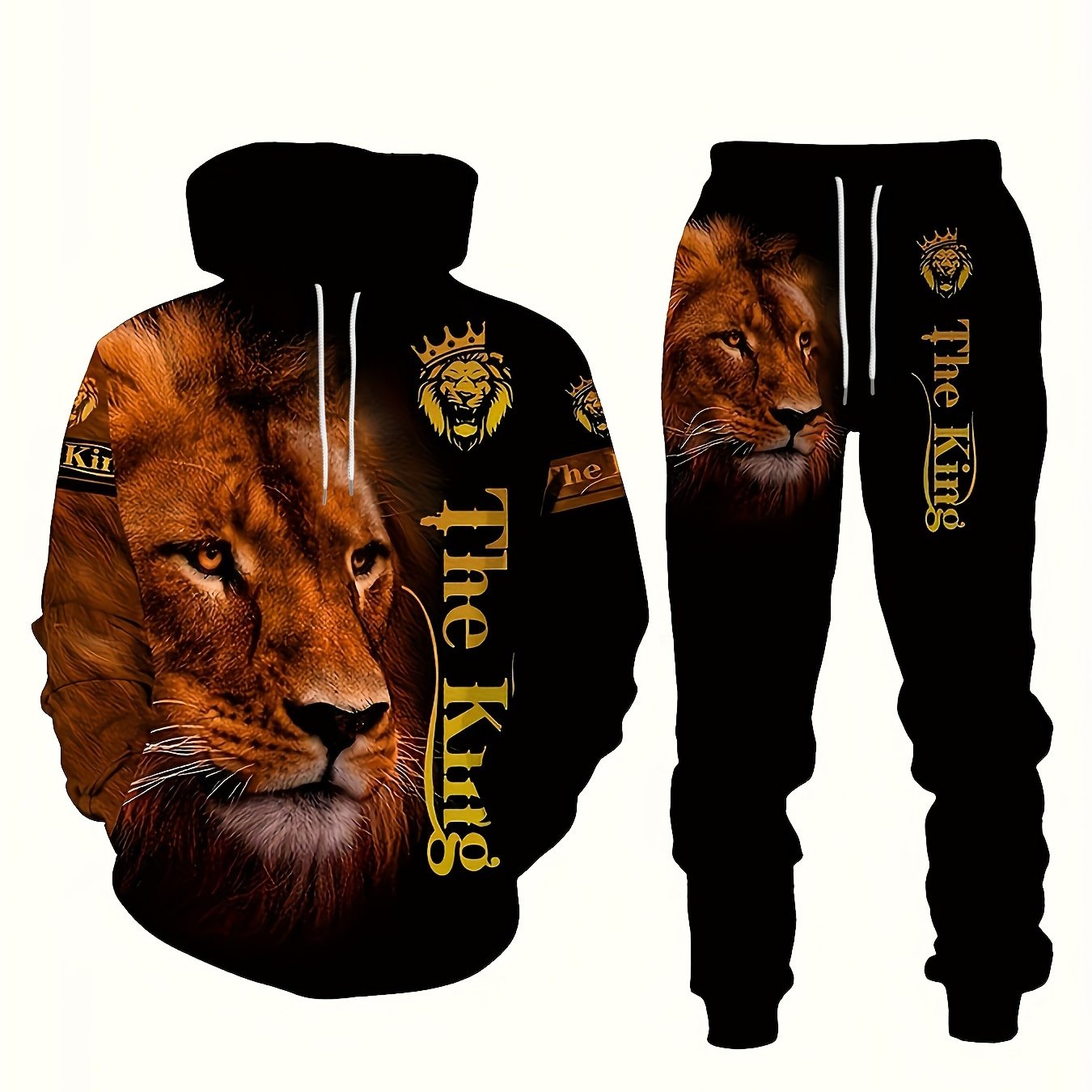 Men's plus size lion print 3D hooded sweatshirt and sweatpants set for autumn/winter.