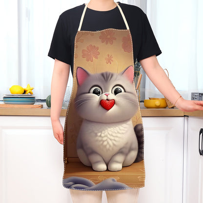 Adorable Cat-Inspired Linen Apron for Grown-Ups - Sleeveless, Long-lasting Culinary Garment adorned with Charming Cartoon Cat & Flower Pattern, Featherlight & Effortless to Maintain, Ideal for Culinary Creations at Home, Home Chef's Fashion|Floral