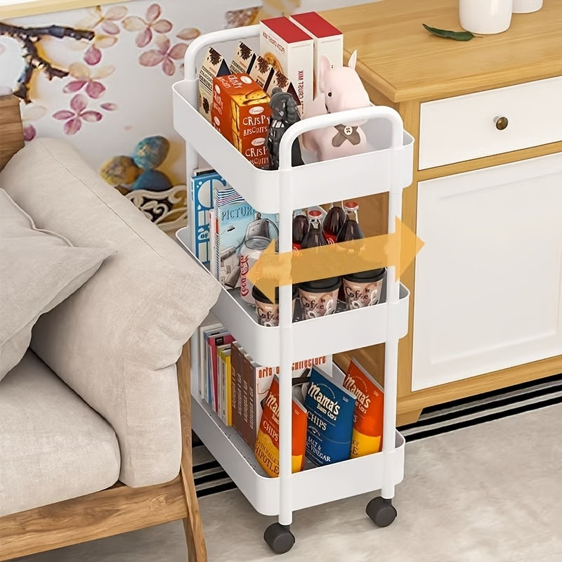 The white storage rack with wheels is a versatile 5-tier solution for organizing items in the kitchen, bathroom, or living room. It is ideal for storing snacks and coffee pods.