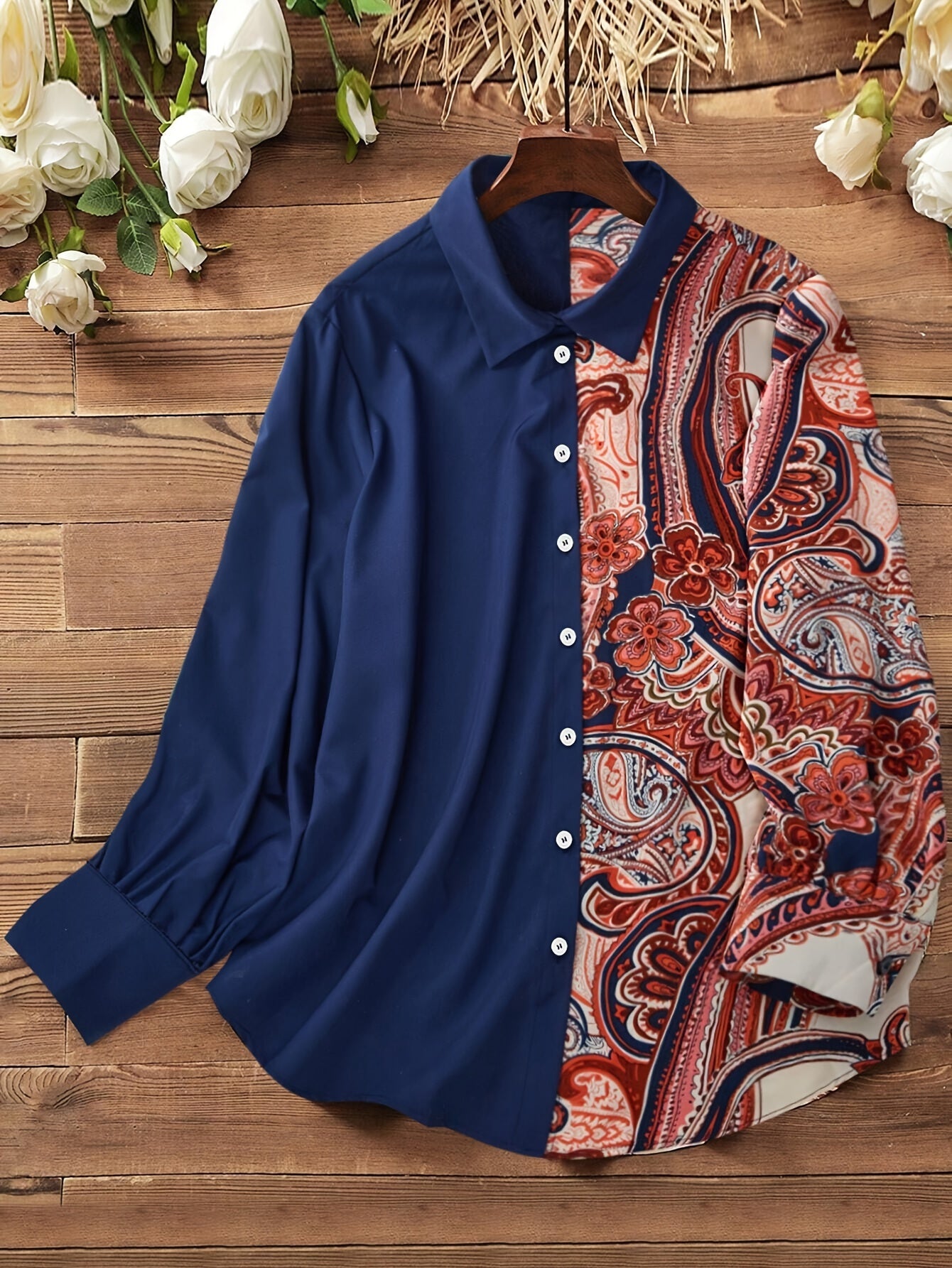 Stylish plus size paisley print blouse for women - long sleeve, button-up, non-stretch polyester, machine washable