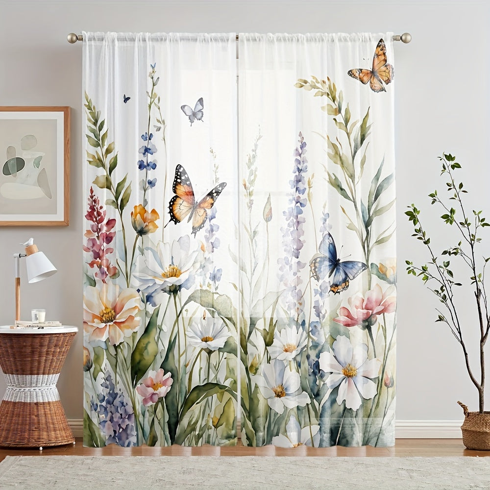 Get two stunning Vibrant Floral & Butterfly Print Sheer Curtains for your living room or bedroom. Made from high-quality polyester, these curtains are easy to hang with a rod pocket design. Their semi-transparent finish adds a touch of elegance to your