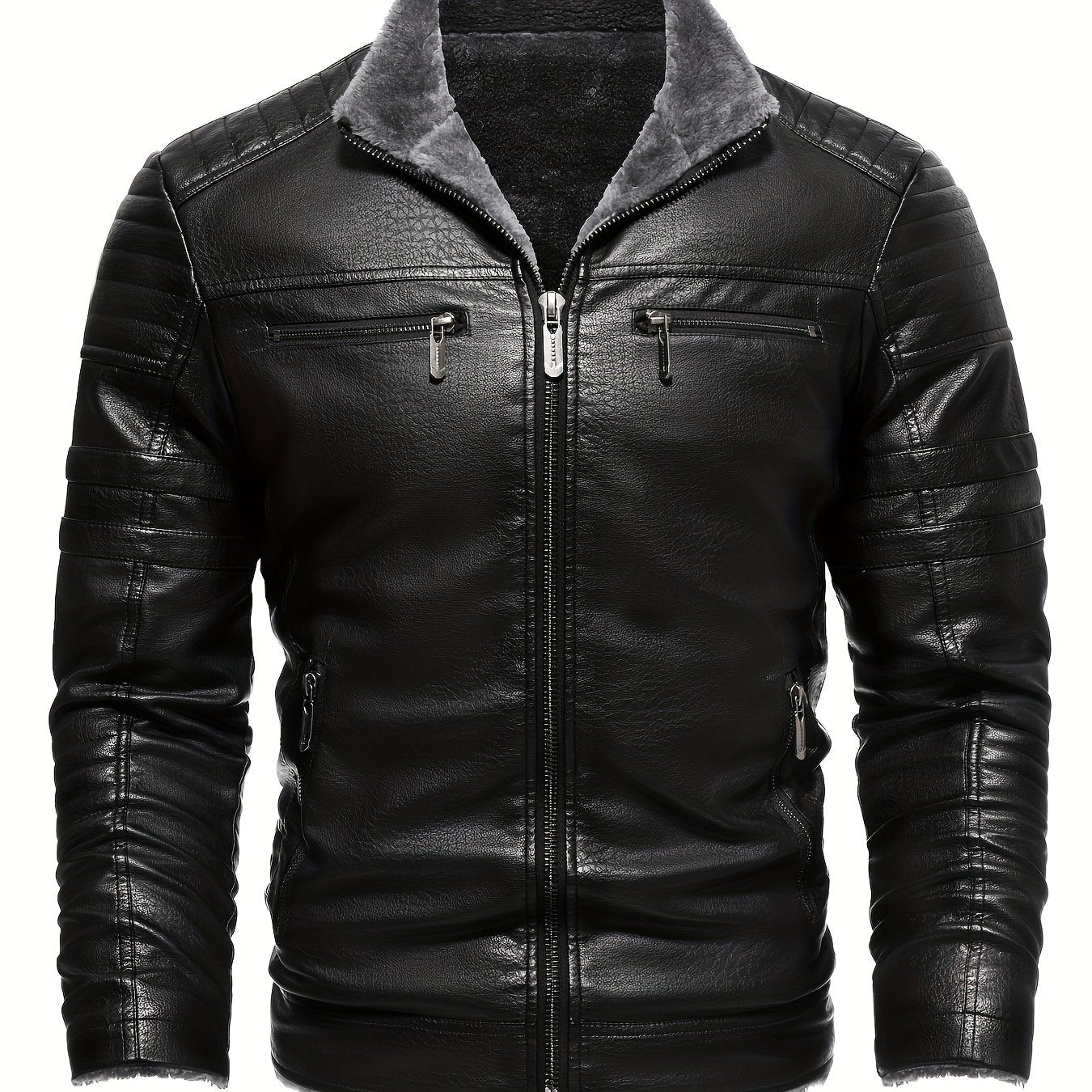 Men's Retro PU Biker Jacket with Fleece Lining for Fall/Winter