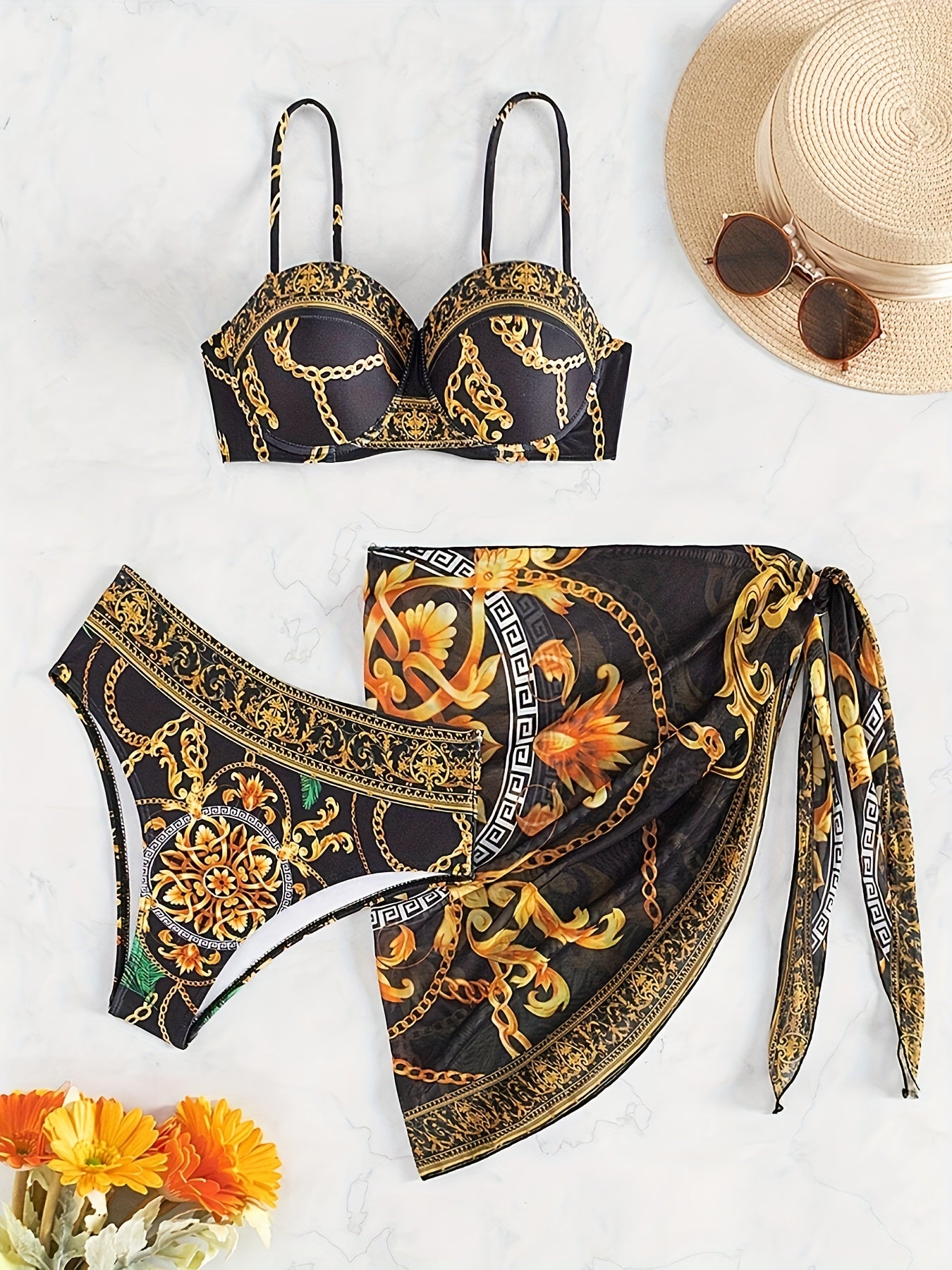 Boho Style Off the Shoulder Bikini Set with Geometric Pattern, High Stretch Polyester Elastane Swimwear for Women