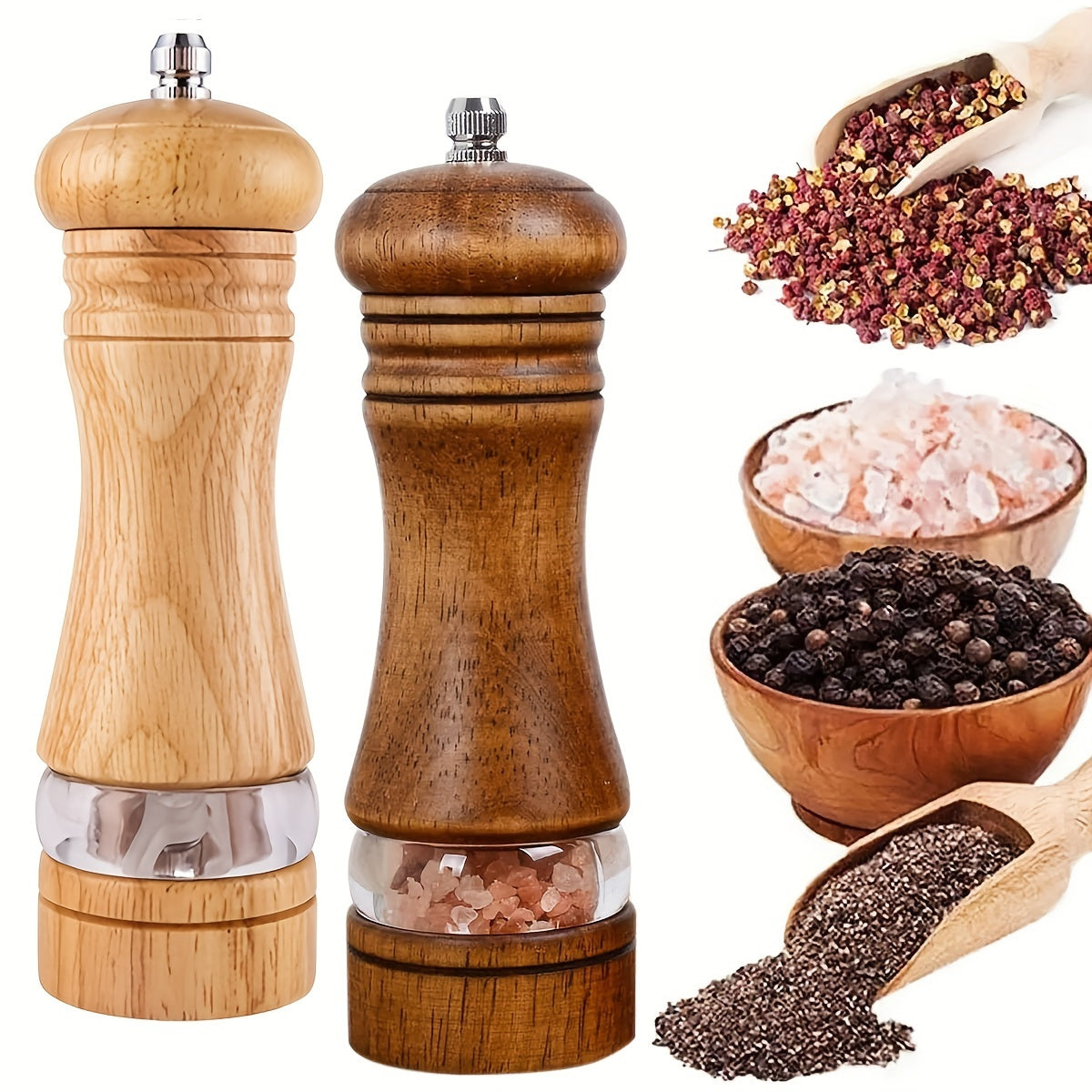 Best Seller: Set of 2 Adjustable Wooden Pepper & Sea Salt Grinders - Manual Spice Mills with Ceramic Core, Ideal for BBQs, Picnics, and Camping - Long-lasting Kitchen Tools, Excellent Valentine's Day Present, Spice Grinder, Refillable Spice Jar, Stylish