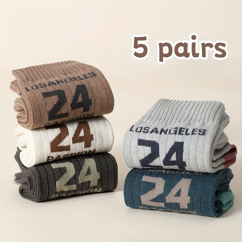 5 Boys' Crew Socks - Polyester Blend with Geometric Patterns, Breathable and Comfortable for All Seasons