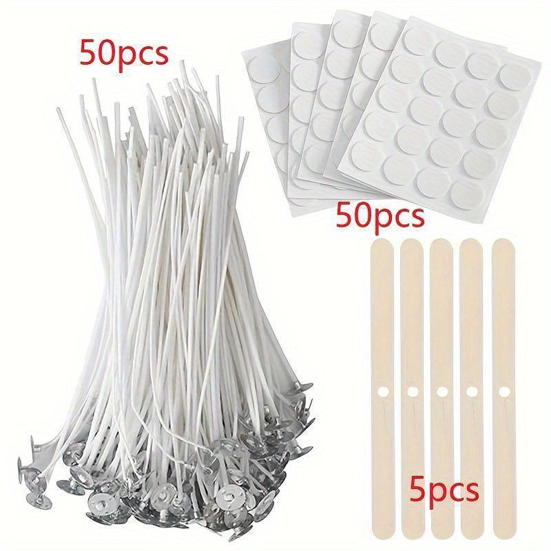 105-piece Candle Making Kit includes 50 14.99cm 40 Ply Wicks, 50 Candle Wick Stickers, and 5 Wooden Candle Wick Holders for Soy and Beeswax Candles.